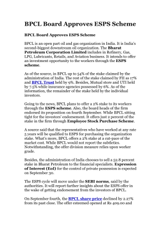 BPCL Board Approves ESPS Scheme