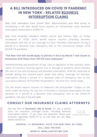 A Bill Introduced on COVID 19 Pandemic In New York - Related Business Interruption Claims