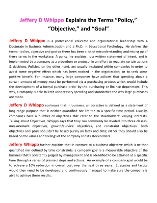 Jeffery D Whippo Explains the Terms “Policy,” “Objective,” and “Goal”