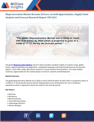 Biopreservation Market Future Trends Analysis, Regional Outlook and Forecast Research