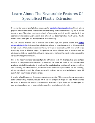 Learn About the Favourable Features of Specialised Plastic Extrusion