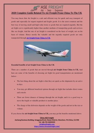 2020 Complete Guide Related To Air Freight From China To The UK