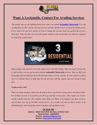 Want A Locksmith, Contact For Availing Services