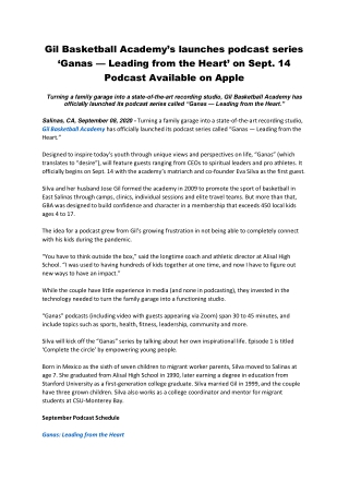 Gil Basketball Academy’s launches podcast series ‘Ganas — Leading from the Heart’ on Sept. 14 Podcast Available on Apple