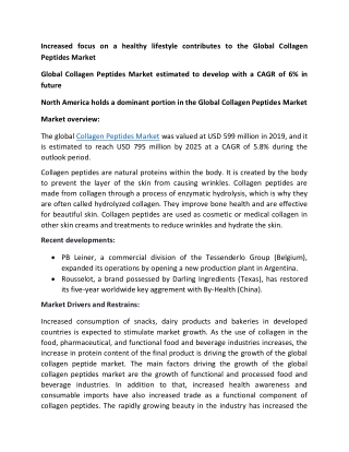 Global Collagen Peptides Market estimated to develop with a CAGR of 6% in future