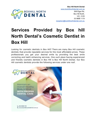 Services Provided by Boxhill North Dental’s Cosmetic Dentist in Box Hill