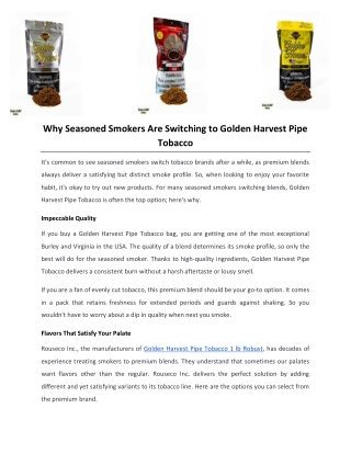 Why Seasoned Smokers Are Switching to Golden Harvest Pipe Tobacco