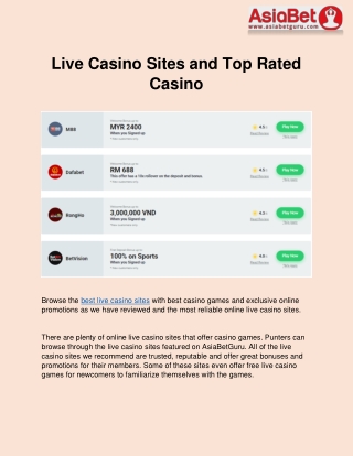 Live Casino Sites and Top Rated Casino - AsiaBetGuru