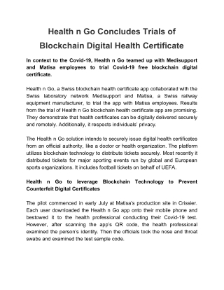 Health n Go Concludes Trials of Blockchain Digital Health Certificate