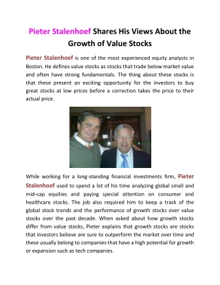 Pieter Stalenhoef Shares His Views About the Growth of Value Stocks