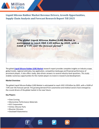 Liquid Silicone Rubber Market Revenue Driving Factors and Development Opportunities, 2025