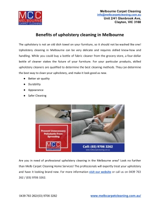 Benefits of upholstery cleaning in Melbourne