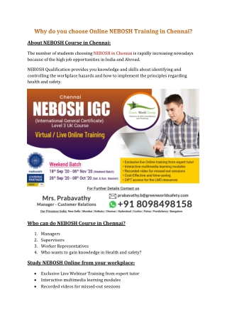 Why do you choose Online NEBOSH Course in Chennai?