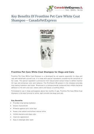 Key Benefits Of Frontline Pet Care White Coat Shampoo - CanadaVetExpress