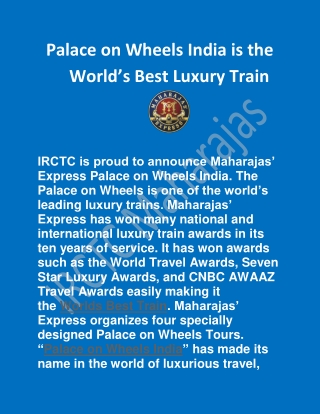 Palace on Wheels India is the World’s Best Luxury Train