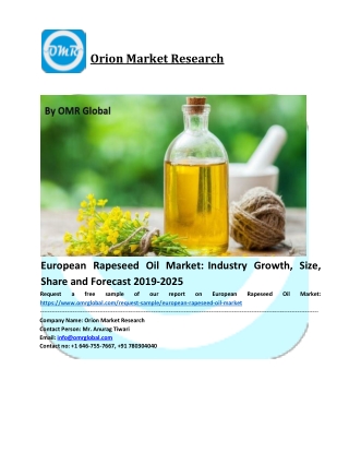 European Rapeseed Oil Market Growth, Size, Share, Industry Report and Forecast to 2025