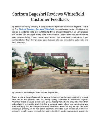 Shriram Bageshri Reviews Whitefield - Customer Feedback