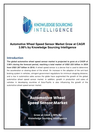 Automotive Wheel Speed Sensor Market Grow at CAGR 3.98% by Knowledge Sourcing