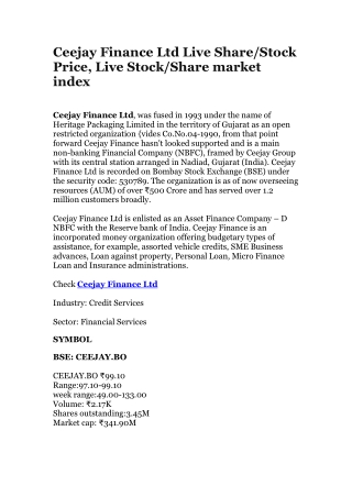 Ceejay Finance Ltd Live Share/Stock Price, Live Stock/Share market index