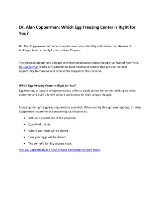 Dr. Alan Copperman: Which Egg Freezing Center Is Right for You?