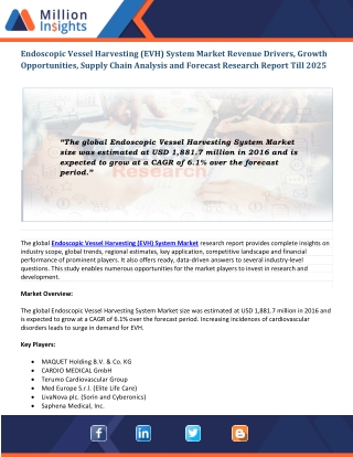 Endoscopic Vessel Harvesting System Market Emerging Factors, Future Demands and Key Players, 2025