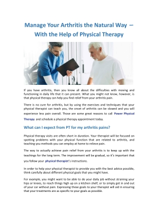 Manage Your Arthritis the Natural Way – With the Help of Physical Therapy