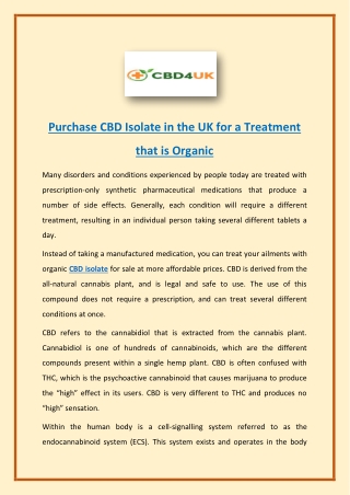 Purchase CBD Isolate in the UK for a Treatment that is Organic