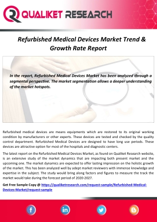 Global Refurbished Medical Devices Market Top Vendors, Application, Regional Analysis and Future Outcome Report
