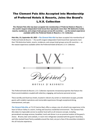 The Clement Palo Alto Accepted into Membership of Preferred Hotels & Resorts, Joins the Brand’s L.V.X. Collection