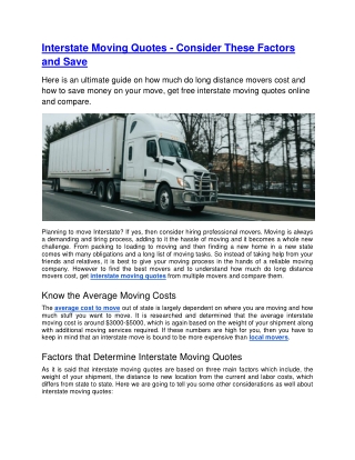 Interstate Moving Quotes - Consider These Factors and Save