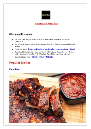 20% Off - Hindmarsh Pizza Bar Restaurant Takeaway Hindmarsh, SA