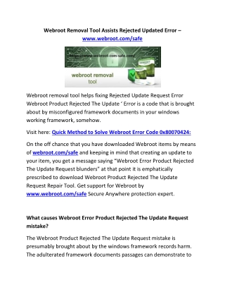 Webroot Removal Tool Assists Rejected Updated Error – www.webroot.com/safe