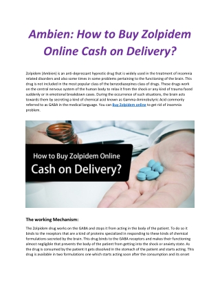 Ambien: How to Buy Zolpidem Online Cash on Delivery?