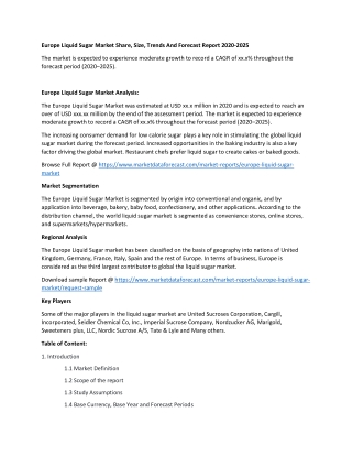 Europe Liquid Sugar Market Share, Size, Trends and Forecast Report 2020-2025