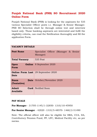 Punjab National Bank (PNB) SO Recruitment 2020 Online Form