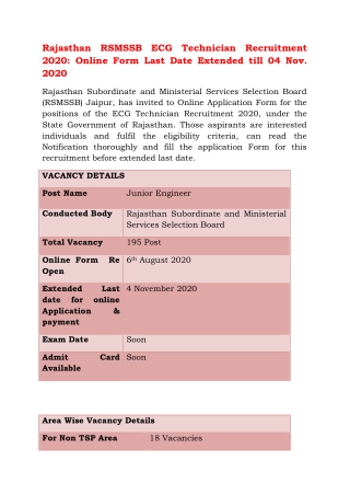 Rajasthan RSMSSB ECG Technician Recruitment 2020: Online Form Last Date Extended till 04 Nov. 2020