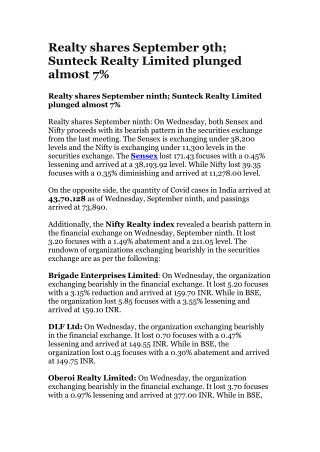 Realty shares September 9th; Sunteck Realty Limited plunged almost 7%