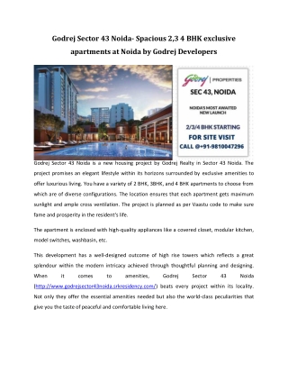 Godrej Sector 43 Noida- Spacious 2,3 4BHK exclusive apartments at Noida by Godrej Developers!!