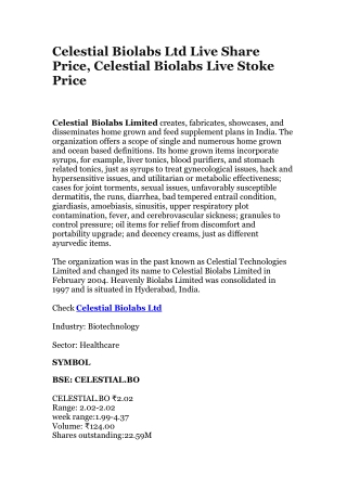 Celestial Biolabs Ltd Live Share Price, Celestial Biolabs Live Stoke Price
