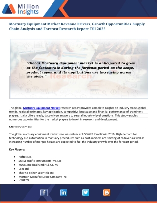 Mortuary Equipment Market SWOT Analysis, Future Trends and Forecast Report, 2025