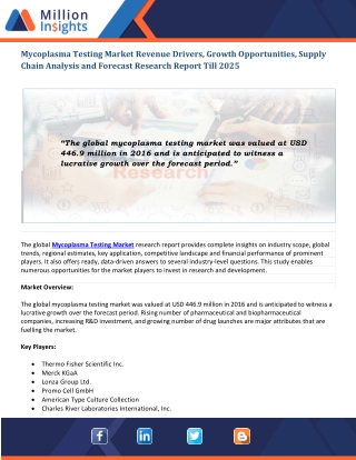 Mycoplasma Testing Market Growth Trends, Revenue Driving Factors and Forecast, 2025