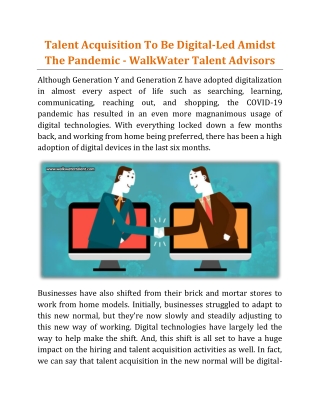 Talent Acquisition To Be Digital-Led Amidst The Pandemic - WalkWater Talent Advisors