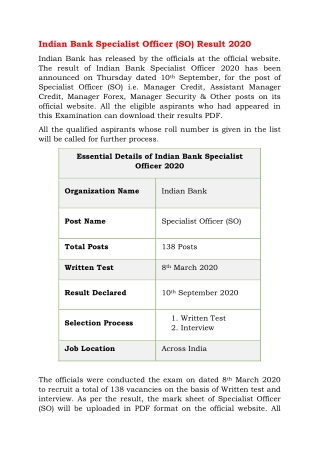 Indian Bank Specialist Officer (SO) Result 2020