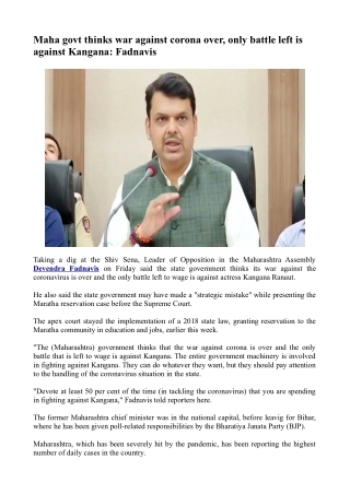 Maha govt thinks war against corona over only battle left is against Kangana - Fadnavis