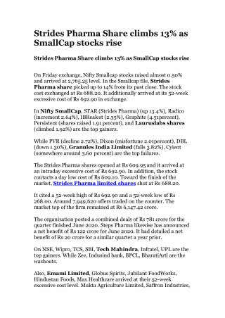 Strides Pharma Share climbs 13% as SmallCap stocks rise