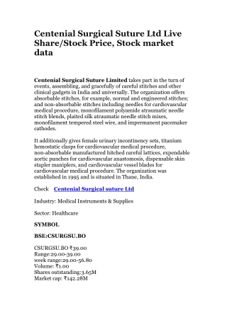 Centenial Surgical Suture Ltd Live Share/Stock Price, Stock market data