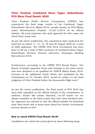 Uttar Pradesh Combined State Upper Subordinate PCS Main Final Result 2020