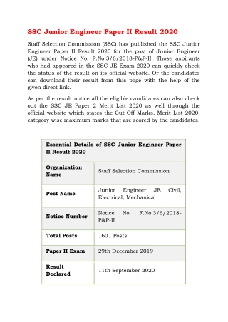 SSC Junior Engineer Paper II Result 2020