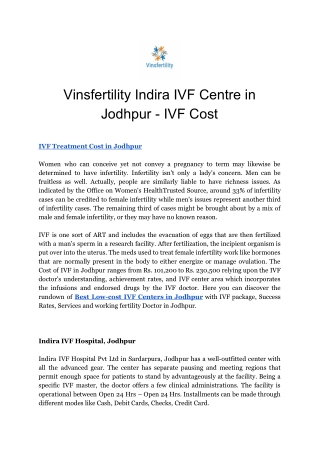 Vinsfertility Indira IVF Centre in Jodhpur - IVF Cost