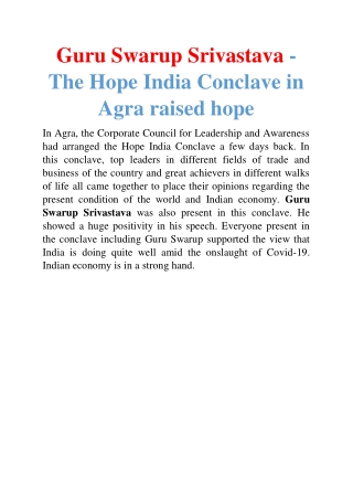 Guru Swarup Srivastava - The Hope India Conclave in Agra raised hope